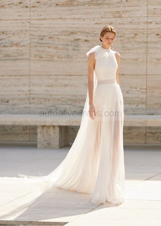 High Neck Ivory Lace Dotted Tulle Beach Wedding Dress